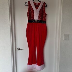 Red Sequin Santa Fleece Trimmed Jumpsuit w/ Pockets IW-508